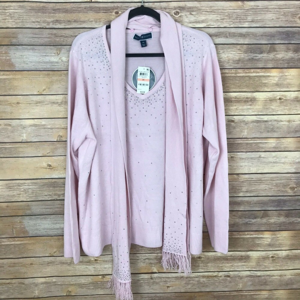 Karen Scott 2X V Neck Rhinestone Pink Sweater A2